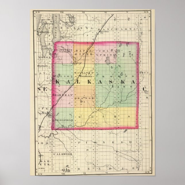 Poster Carte du comté de Kalkaska, Michigan (Devant)