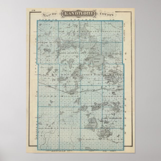 Poster Carte du comté de Kandiyohi, Minnesota (Devant)