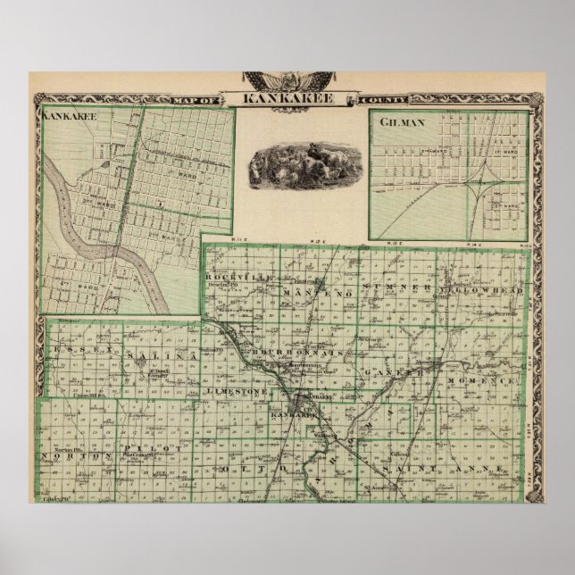 Poster Carte du comté de Kankakee, Kankakee et Gilman (Devant)