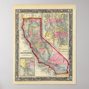 Poster Carte du comté de la Californie