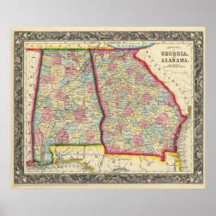 Poster Carte du comté de la Géorgie, et de l'Alabama