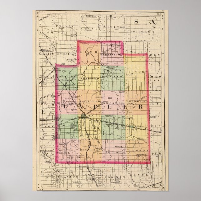 Poster Carte du comté de Lapeer, Michigan (Devant)