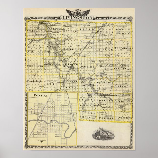 Poster Carte du comté de Livingston et du Pontiac (Devant)