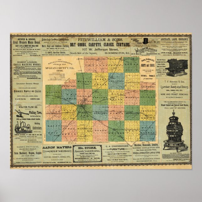 Poster Carte du comté de McLean, Illinois 1886 (Devant)