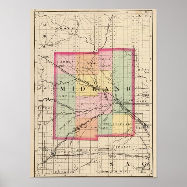 Poster Carte du comté de Midland, Michigan (Devant)