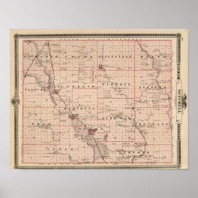 Poster Carte du comté de Mitchell, État de l'Iowa (Devant)