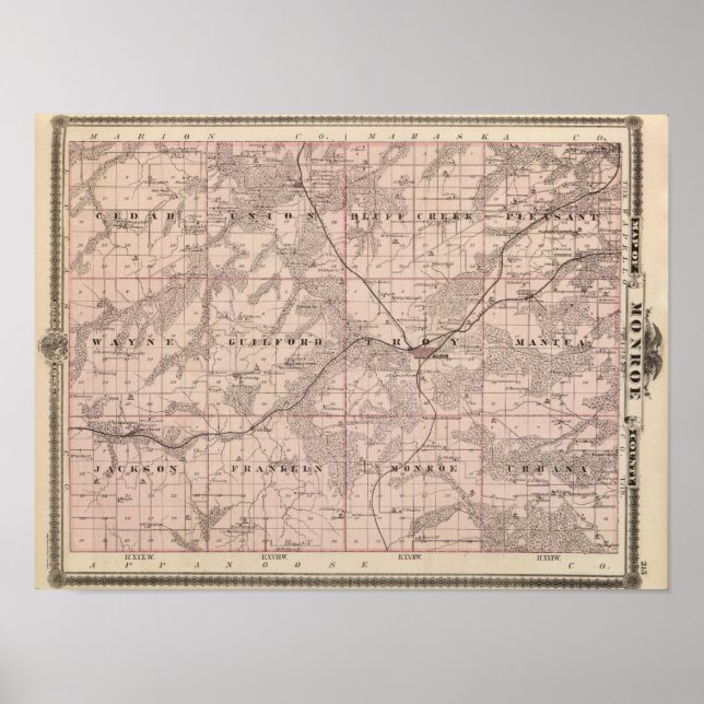 Poster Carte du comté de Monroe, État de l'Iowa (Devant)