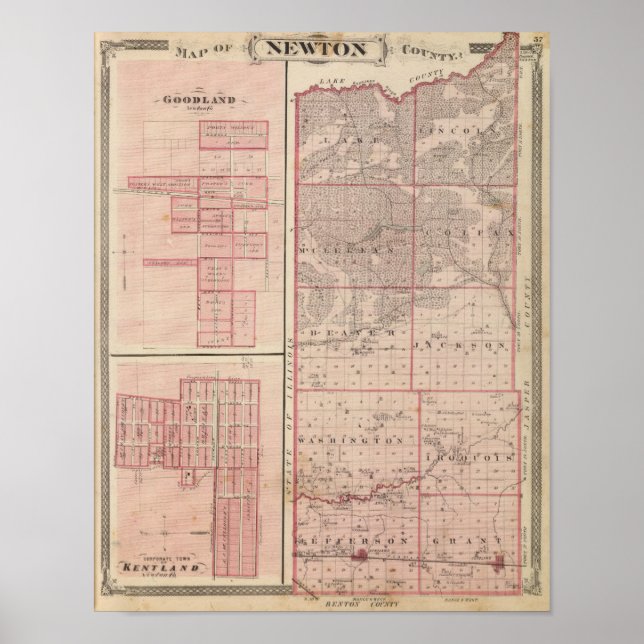 Poster Carte du comté de Newton avec Goodland et Kentland (Devant)