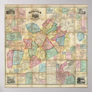 Poster Carte du Comté de Norfolk, Massachusetts