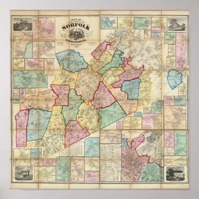 Poster Carte du Comté de Norfolk, Massachusetts (Devant)