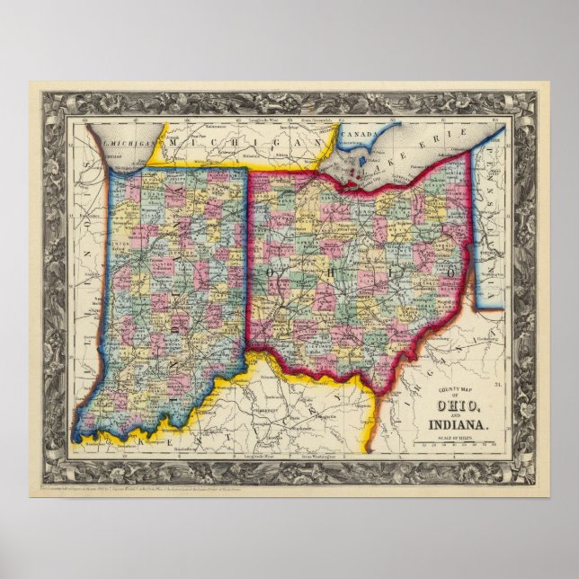 Poster Carte Du Comté De Ohio Et Indiana (Devant)