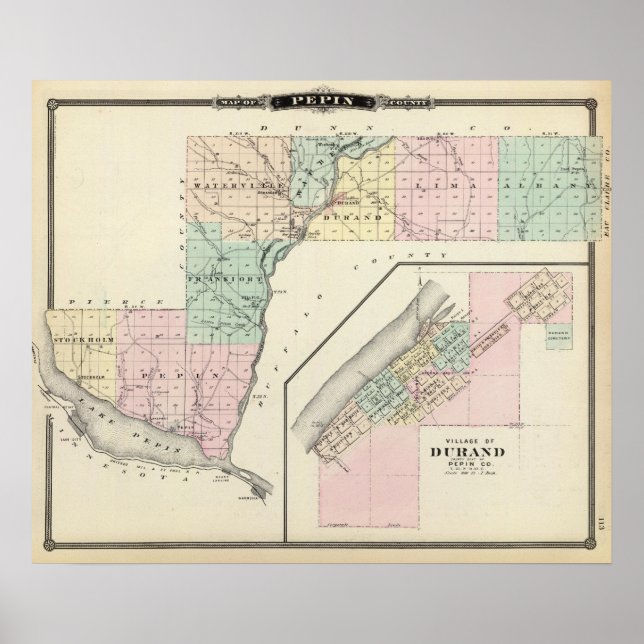 Poster Carte du comté de Pepin et du village de Durand (Devant)