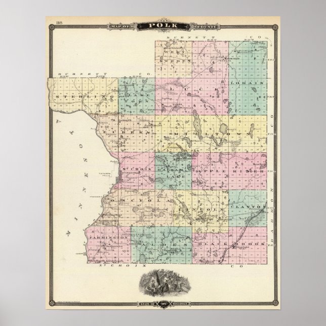 Poster Carte du comté de Polk, État du Wisconsin (Devant)