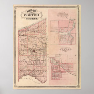 Poster Carte du comté de Porter avec Chesterton, Hebron