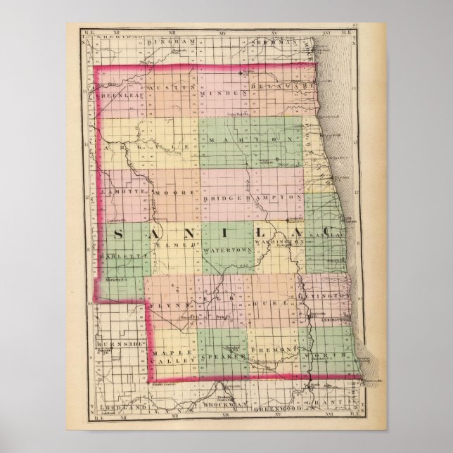 Poster Carte du comté de Sanilac, Michigan (Devant)