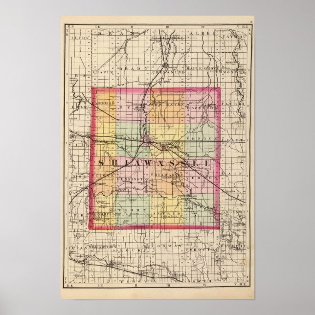 Poster Carte du comté de Shiawassee, Michigan (Devant)