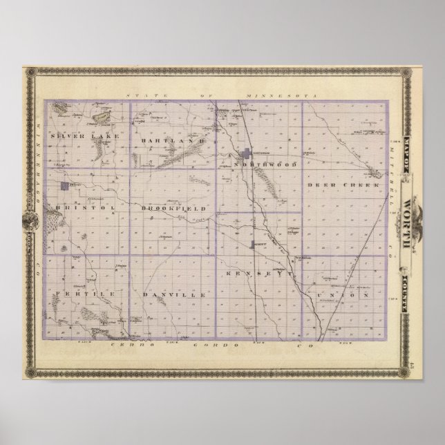 Poster Carte du comté de Worth, État de l'Iowa (Devant)