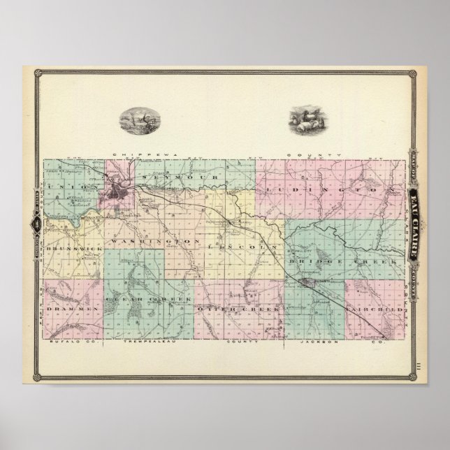 Poster Carte du comté d'Eau Claire, État du Wisconsin (Devant)