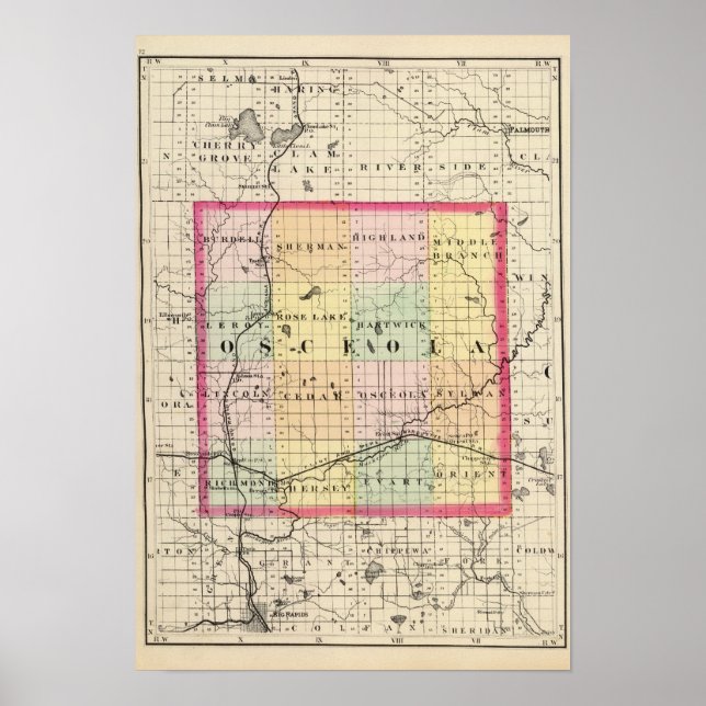 Poster Carte du comté d'Osceola, Michigan (Devant)