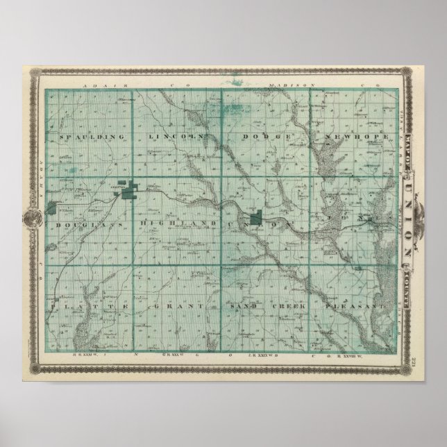 Poster Carte du comté d'Union, État de l'Iowa (Devant)
