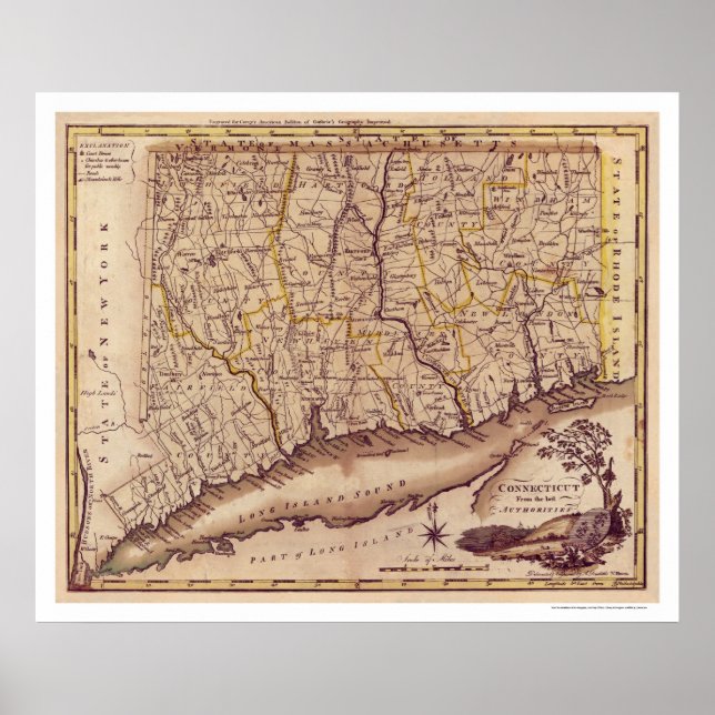 Poster Carte du Connecticut par Carey 1795 (Devant)