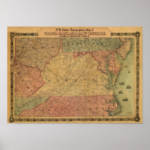 Poster Carte du cru 1861 de la Virginie, du Maryland et