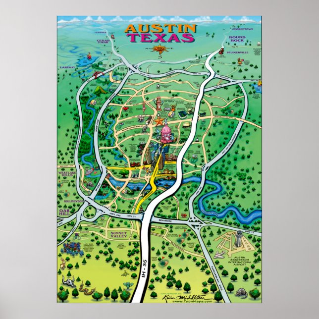 Poster Carte du dessin animé Austin Texas (Devant)