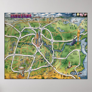 Poster Carte du dessin animé de Houston au Texas