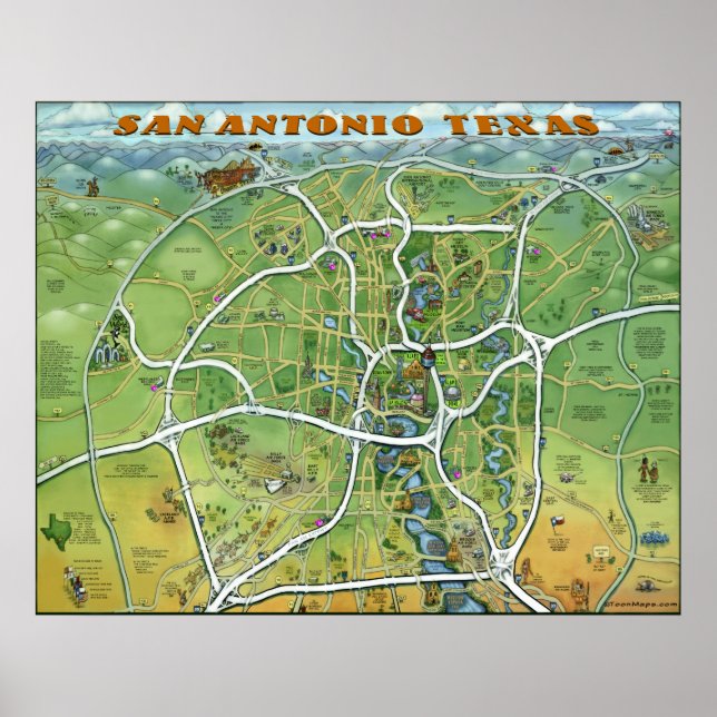 Poster Carte du dessin animé de San Antonio Texas (Devant)