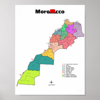 Poster Carte du drapeau marocain avec contours aux fronti