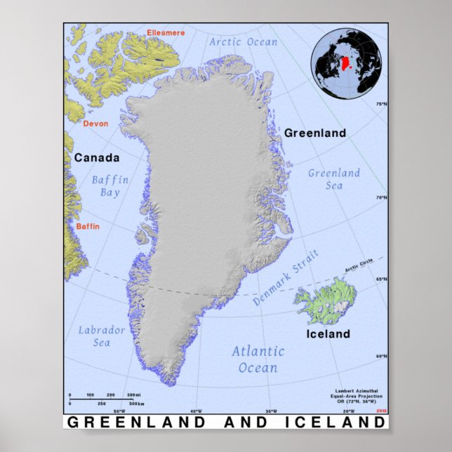 Poster Carte du Groenland et de l'Islande (Devant)
