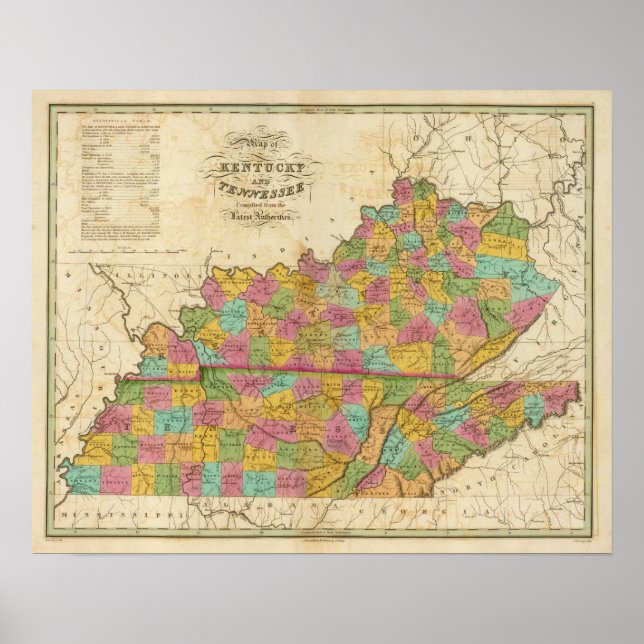Poster Carte du Kentucky et du Tennessee (Devant)