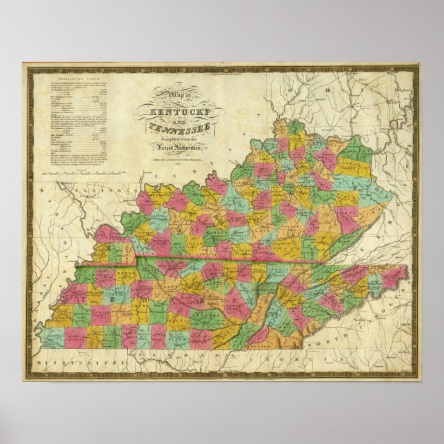 Poster Carte du Kentucky et du Tennessee (Devant)
