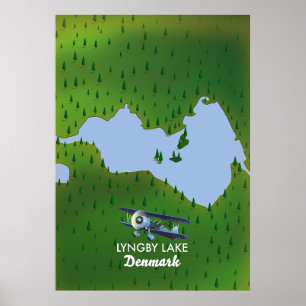Poster carte du lac Lyngby Danemark