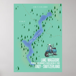 Poster Carte du lac Majeur Italie - Suisse