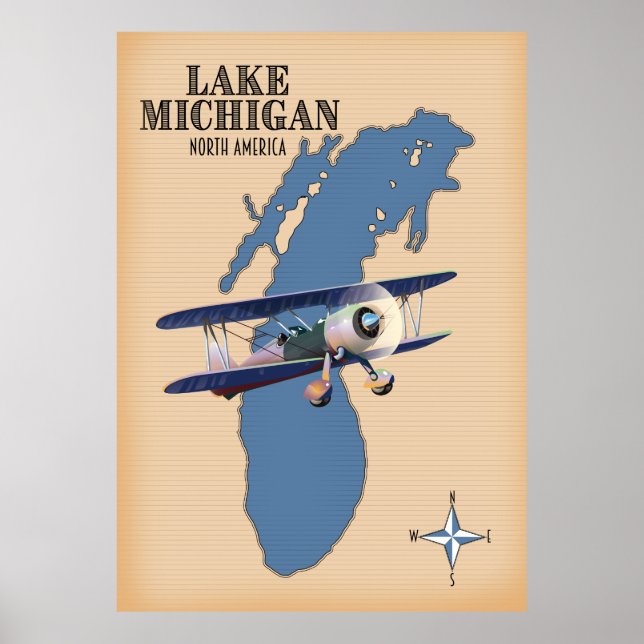 Poster Carte du lac Michigan Amérique du Nord (Devant)
