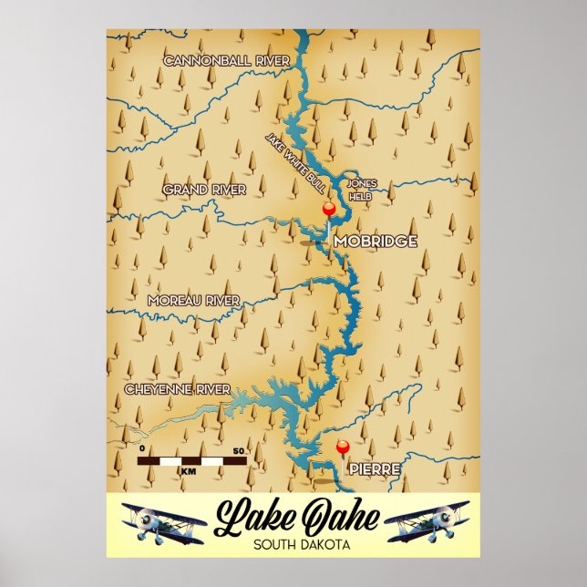 Poster Carte du lac Oahe Dakota du Sud (Devant)