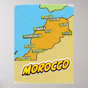 Poster Carte du Maroc illustrée dans le style Pop Art