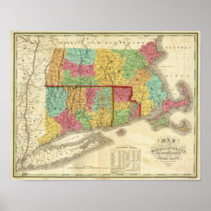 Poster Carte du Massachusetts Connecticut Et Rhode Island