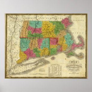Poster Carte du Massachusetts et du Connecticut