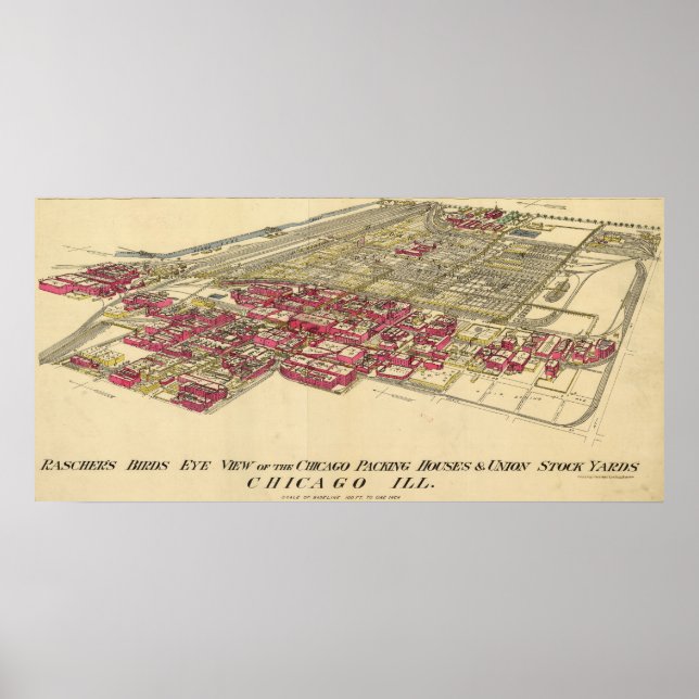 Poster Carte du Meatpacking District de Chicago en 1890 (Devant)