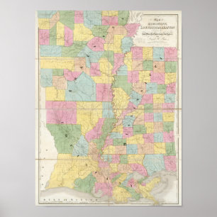 Poster Carte du Mississippi, Louisiane & Arkansas