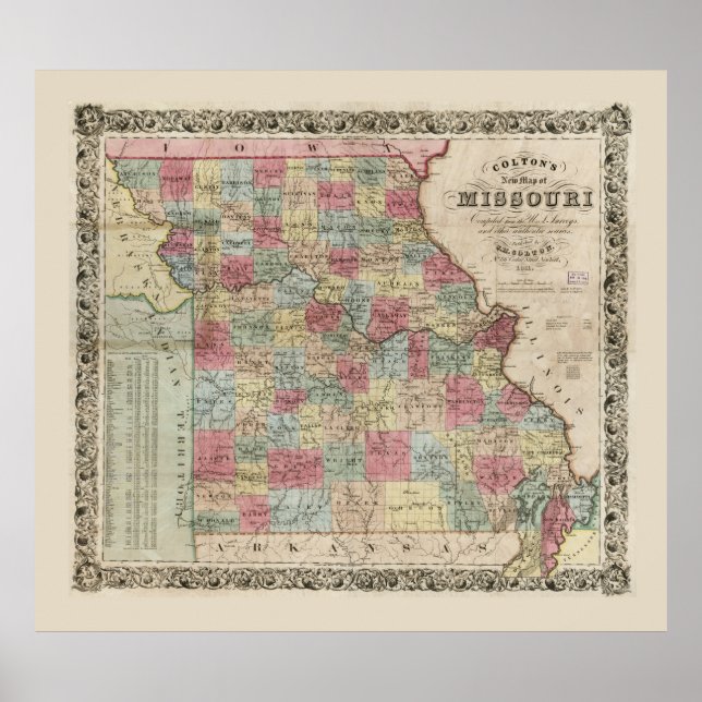 Poster Carte du Missouri de Colton (1851) (Devant)
