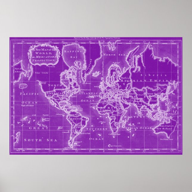 Poster Carte du monde (1766) violet et blanc (Devant)