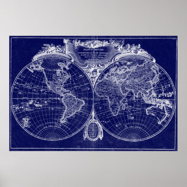 Poster Carte du monde (1775) Bleu et blanc (Devant)