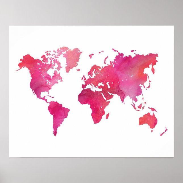 Poster Carte du monde à l'aquarelle rose (Devant)