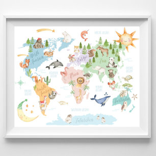 Poster Carte du monde animal Enfants Imprimer, Animaux du