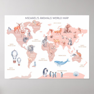 Poster Carte du monde animal, Mur des enfants Art