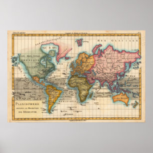 Poster Carte du monde années 1700 Antique 