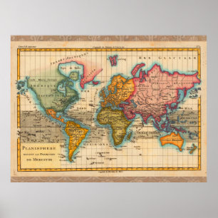 Poster Carte du monde années 1700 Antique 